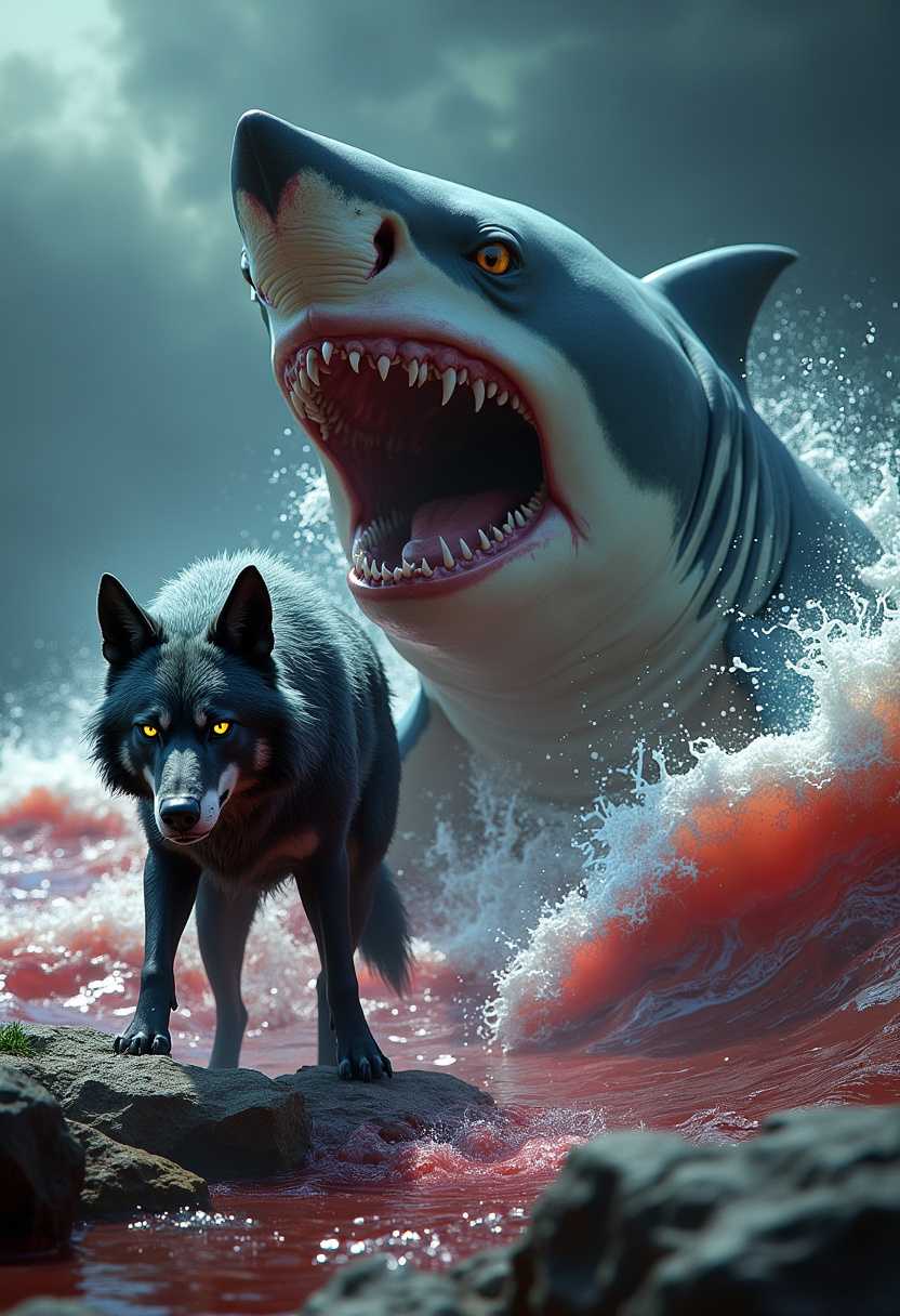 A striking, dark fantasy 3D render illustration featuring a fierce wolf and a menacing shark. The wolf, with piercing yellow eyes, is standing on a rocky shore, while the shark leaps out of the turbulent, blood-red waters behind it. Both creatures are rendered with vibrant, detailed textures, and the shark's jaw is wide open, revealing razor-sharp teeth. The background is a gloomy, stormy sky, adding to the ominous atmosphere., illustration, 3d render, dark fantasy, vibrant