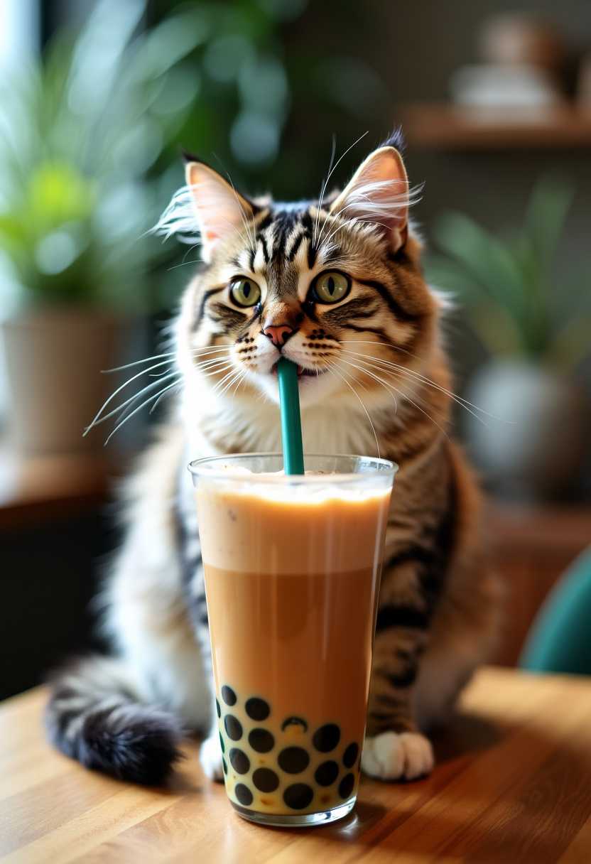 A photo of a cat holding a boba tea straw in its mouth. The cat is sitting on a wooden surface. There is a glass of boba tea with brown and green balls near the cat. The background is blurred, showing a room with plants and decorations.