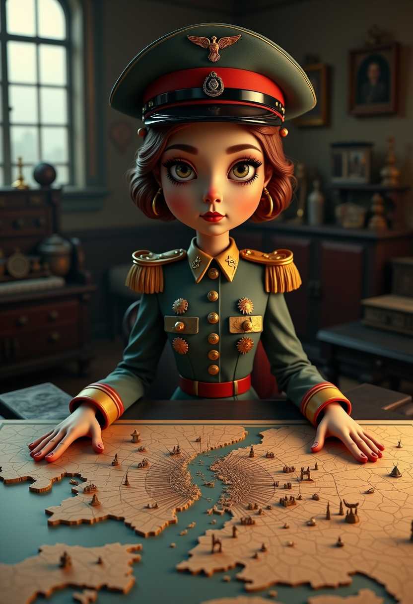 3d cartoon girl, chibi big head and large eyes, as a British military general, depicted with striking authority and poise, overlooking a detailed 3D war map of World War II. The map prominently reveals a minutely-detailed location of London, teeming with intricately sculpted landmarks and tactical elements. Goddess Paula_2 is adorned in a historically accurate British military uniform, complete with medals and insignias, with an air of regal confidence. The scene is bathed in soft, dramatic lighting that highlights the textures of her uniform and the contours of her face, adding depth and intensity. The background suggests a dimly lit war room, with shadows casting a serious and focused atmosphere, evoking both the urgency and strategic contemplation of wartime. The camera angle is slightly elevated, capturing her determined gaze and strategic posture, with her hands resting on the edges of the map table. The artistic style is a blend of photorealism and historical portraiture, ensuring a vivid, lifelike depiction with meticulous attention to the details of both the subject and setting. The overall mood is one of commanding presence, strategic acumen, and wartime resilience. Photography by Josef Karsh.