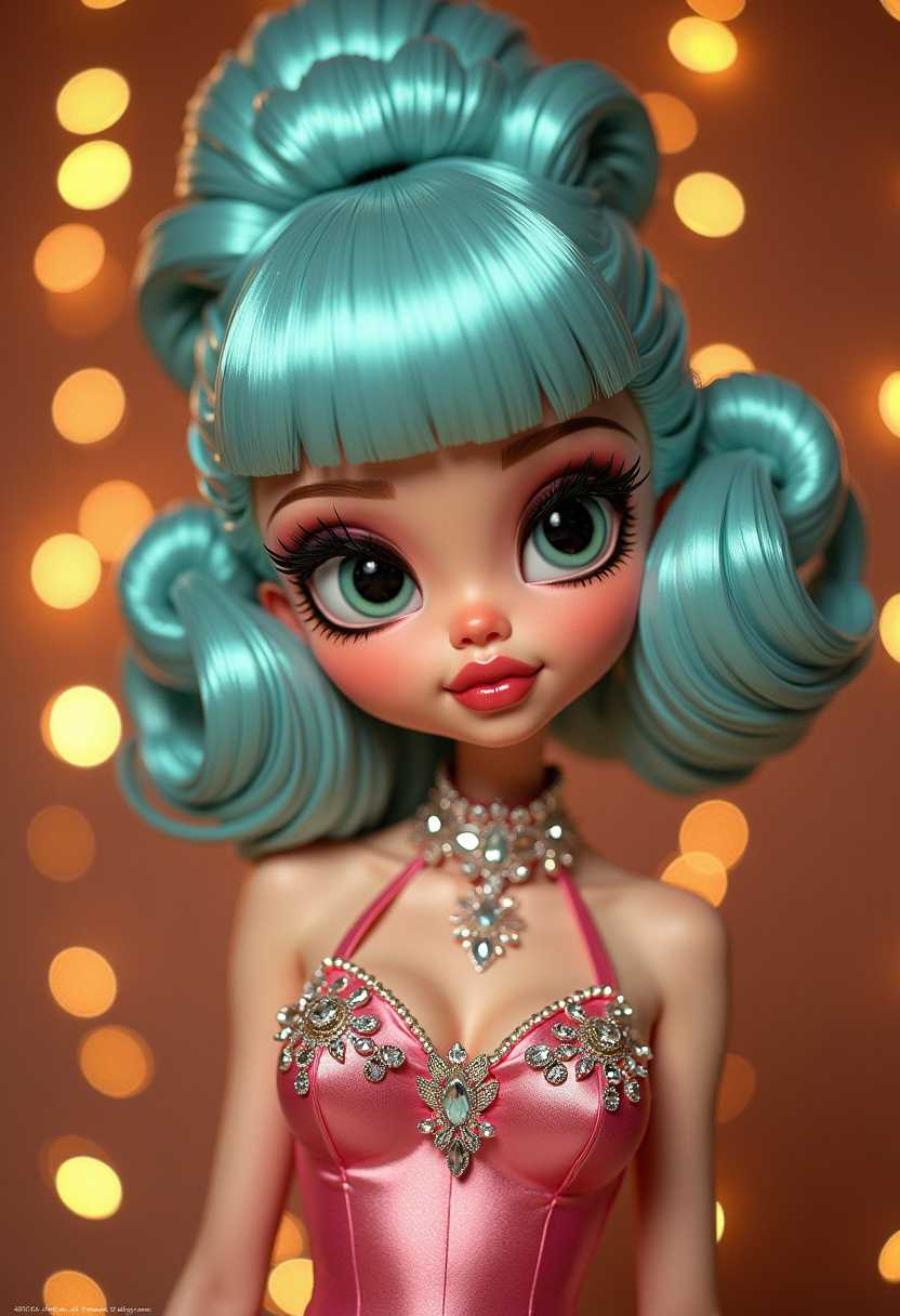 3d cartoon girl, chibi big head and large eyes. The subject is wearing a sleeveless, pink dress adorned with a lavish amount of rhinestones and sequins, embellishing the bodice with circular and leaflike patterns. The dress has a high neckline and appears to be made of a satiny material that catches the light, giving it a shimmering effect.The hair of the subject is voluminous and styled in a bun. The hair color is a pastel, almost aqua blue, which contrasts with the warm tones of the dress and the background. The hair is swept up into a voluminous bouffant at the top of the head, with bangs that frame the forehead.The subjects makeup is bold and dramatic, with a focus on the eyes. The eyelashes are thick and long, with a winged eyeliner that adds to the vintage glamour. The lipstick is a deep, rich shade that complements the overall color scheme of the image.The background of the image is rich with warm, amber tones, featuring a variety of lights and bokeh effects that give the impression of a festive or celebratory atmosphere. The lights are arranged in vertical lines, creating a sense of depth and adding to the ambiance of the setting. The overall art style of the image is reminiscent of 1960s and 1970s glamour photography, with a touch of modern styling in the subjects hair and makeup.The medium of the image appears to be a highquality photograph, with a focus on the details of the subjects attire and the textures of the hair and makeup. The lighting is soft and diffused, highlighting the subject without harsh shadows, which is typical of studio photography. The colors are vibrant and saturated, with a careful balance between the cool tones of the hair and the warm tones of the background.This image is a stylized portrait of a person with a highly exaggerated, vintage aesthetic. The subject is wearing a sleeveless, pink dress adorned with a lavish amount of rhinestones and sequins, embellishing the bodice with circular and leaflike patterns. The dress has a high neckline and appears to be made of a satiny material that catches the light, giving it a shimmering effect.The hair of the subject is voluminous and styled in a bun. The hair color is a pastel, almost aqua blue, which contrasts with the warm tones of the dress and the background. The hair is swept up into a voluminous bouffant at the top of the head, with bangs that frame the forehead.The subjects makeup is bold and dramatic, with a focus on the eyes. The eyelashes are thick and long, with a winged eyeliner that adds to the vintage glamour. The lipstick is a deep, rich shade that complements the overall color scheme of the image.The background of the image is rich with warm, amber tones, featuring a variety of lights and bokeh effects that give the impression of a festive or celebratory atmosphere. The lights are arranged in vertical lines, creating a sense of depth and adding to the ambiance of the setting. The overall art style of the image is reminiscent of 1960s and 1970s glamour photography, with a touch of modern styling in the subjects hair and makeup.The medium of the image appears to be a highquality photograph, with a focus on the details of the subjects attire and the textures of the hair and makeup. The lighting is soft and diffused, highlighting the subject without harsh shadows, which is typical of studio photography. The colors are vibrant and saturated, with a careful balance between the cool tones of the hair and the warm tones of the background.