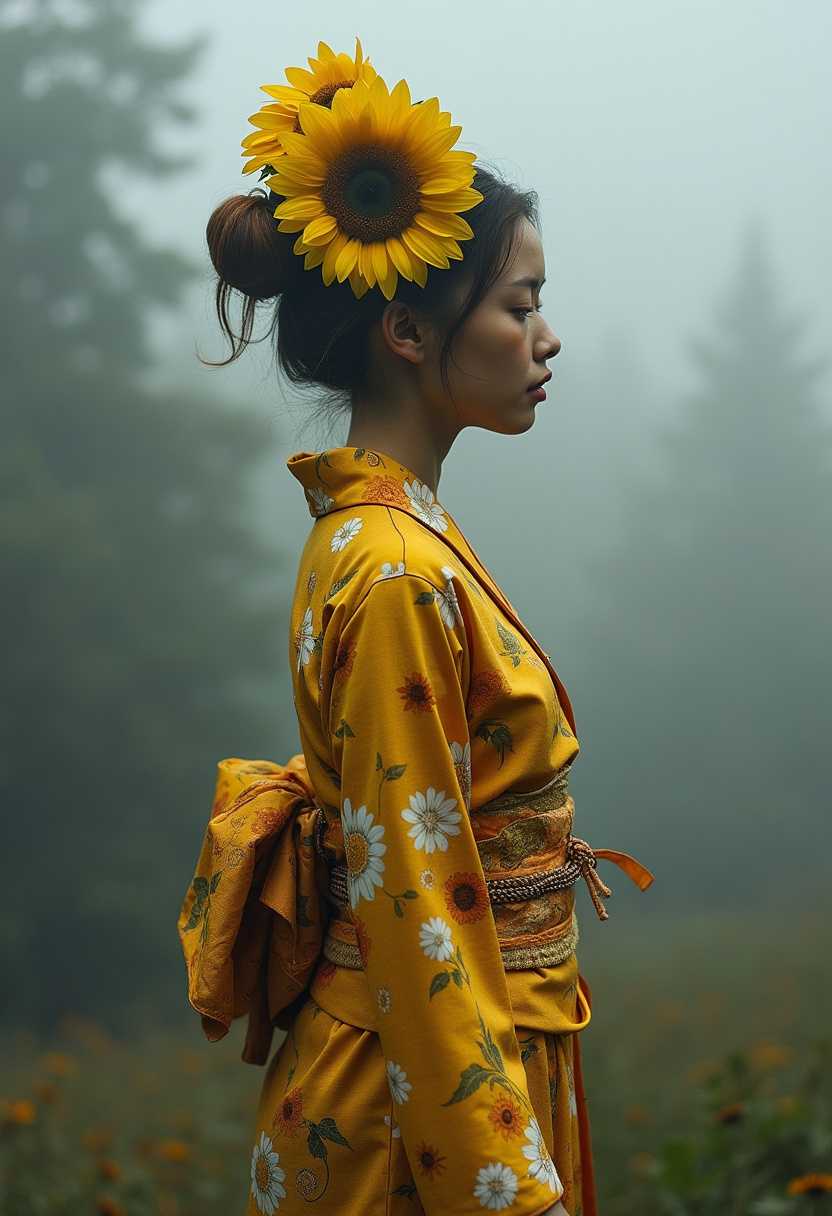 Traditional Japanese Beauty in Sunflower Elegance