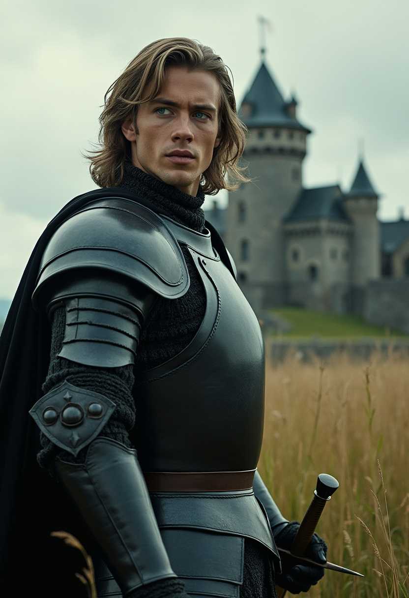 A movie still of a handsome knight with shoulder-length hair, blue eyes, holding a sword, and wearing black armor. The knight is standing in a field of tall grass, with a castle in the background. The lighting is soft. The image has a cinematic aspect ratio.