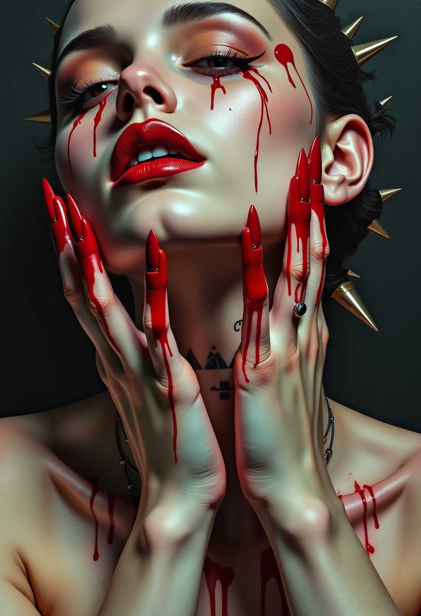 A hyperrealistic painting of a close-up shot of a person with red nails. The person has a neck tattoo, thin spikes, scars, and a sharp tip on their nails. They also have a pointed chin and smooth lines on their decollete area. The person is wearing a triangle makeup and has blood on their body. The background is a dark color.