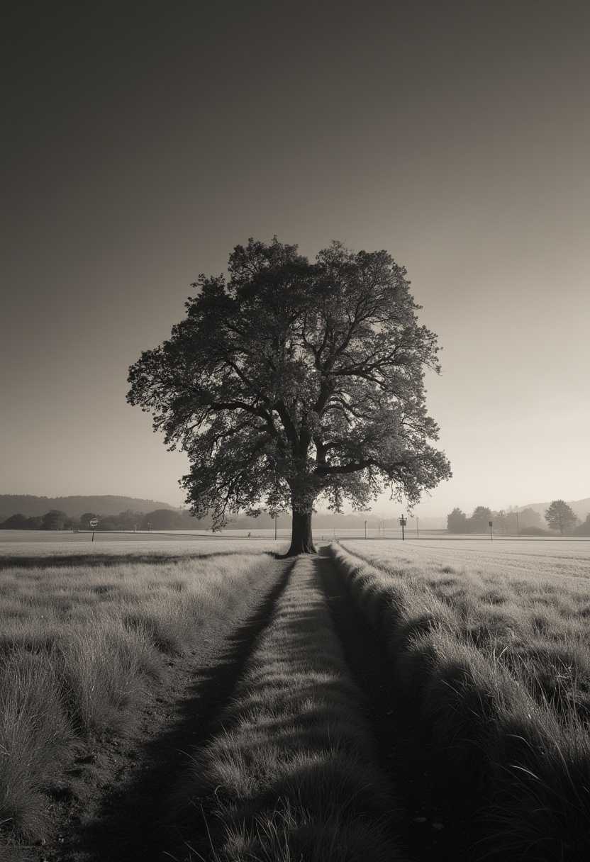 A black and white photo of a tree in a field. The tree is in the middle of a field, with a path leading to it. The field is surrounded by roads. The photo is beautifully lit. It was taken early in the morning. The image has a sepia tone. The photo was taken by Wolfgang Zelmer and has won a photography award.