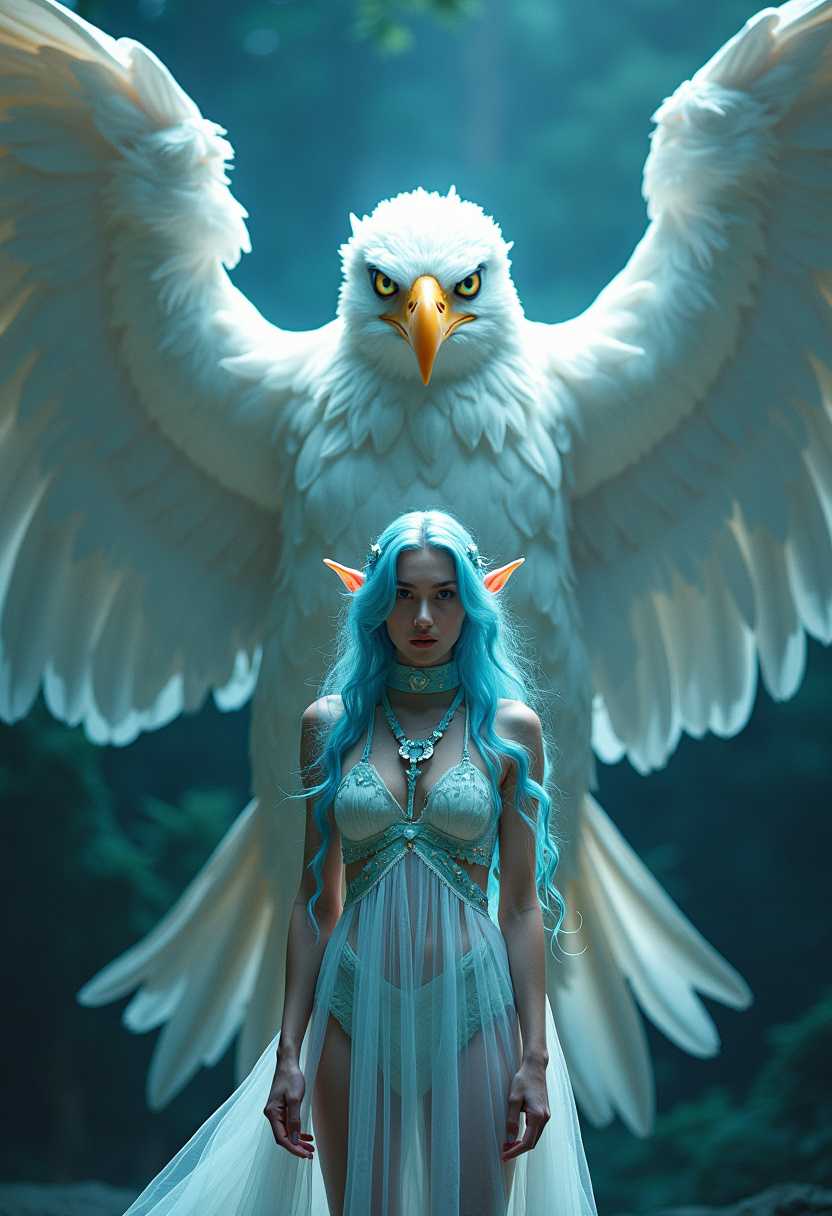 In this captivating fantasy portrait, a beautiful elf with light blue hair and an ethereal white garment adorned with light blue details stands at the center of the image, accompanied by an enormous white eagle towering behind her. The gigantic eagle's feathers create a striking contrast against the dark background, illuminated by soft, mystical lighting that envelops the scene in a dreamlike atmosphere. The woman's name "NESS" is written at the bottom of the image.. The woman gazes enigmatically at the camera, while the watchful eagle's eye conveys a sense of protection. The image, a blend of photography and digital manipulation, explores themes of spiritual power, connection between humans and nature, and a fairy tale-like world that transcends reality.