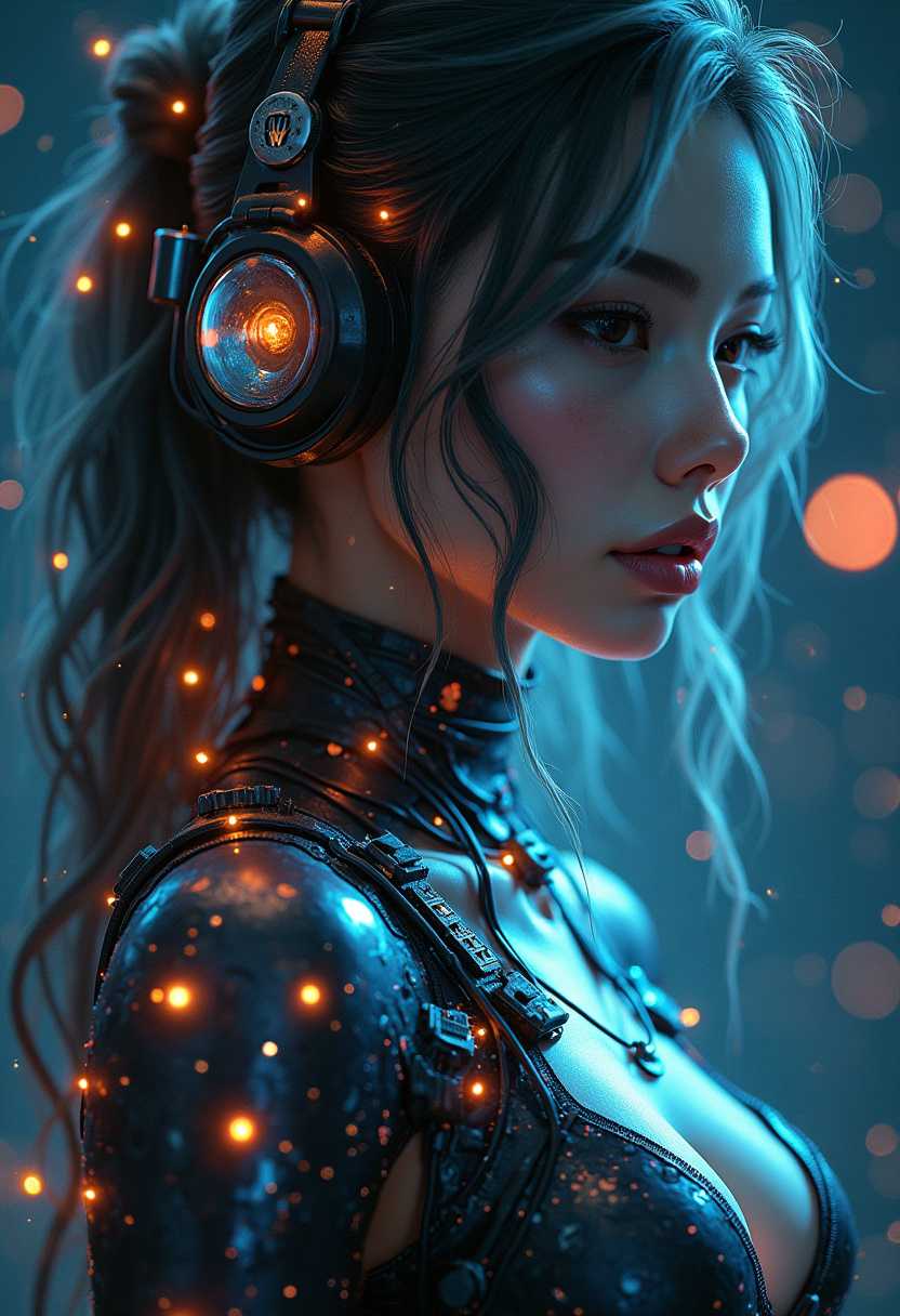A hyper-realistic digital portrait of a fierce and enchanting female space warrior. She is emerging from the shadows and her body is adorned with glowing electronic components, casting an ethereal, otherworldly glow. The background is dark and mysterious. The artwork is a mesmerizing piece of hyperrealist art.