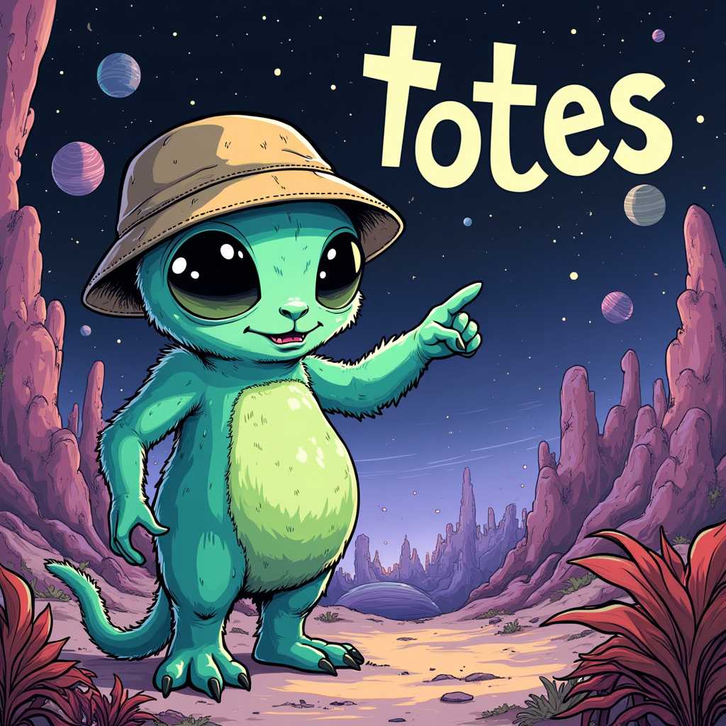 A whimsical illustration features a fuzzy, furry teal alien with soft and intricate fur textures that catch the light in subtle shades of blue and green. The alien is wearing a slightly oversized khaki bucket hat, its fabric finely detailed with small stitching patterns. It stands confidently, capturing attention with its welcoming eyes, looking directly at the viewer with an engaging expression. Its arm is outstretched, its finger pointing towards us, inviting inclusion into its world. 

The background is an otherworldly alien landscape, vibrant with surreal, exaggerated colors of purples and reds, featuring bizarre plant life with twisted shapes under a sky dusted with stars and distant planets. The ambiance suggests a twilight setting, casting long, intriguing shadows across the scene, enhancing the mystery of this strange world.

The word "totes" is boldly inscribed in Frank Miller's iconic chiaroscuro text style, with contrasting sharp blacks and whites to create a dramatic, graphic novel-like emphasis. The composition balances the central alien figure with the expansive, fantastical background, inviting a sense of adventure and curiosity. The scene is imbued with a lighthearted, whimsical atmosphere, blending elements of science fiction with playful charm, reminiscent of a graphic novel illustration.