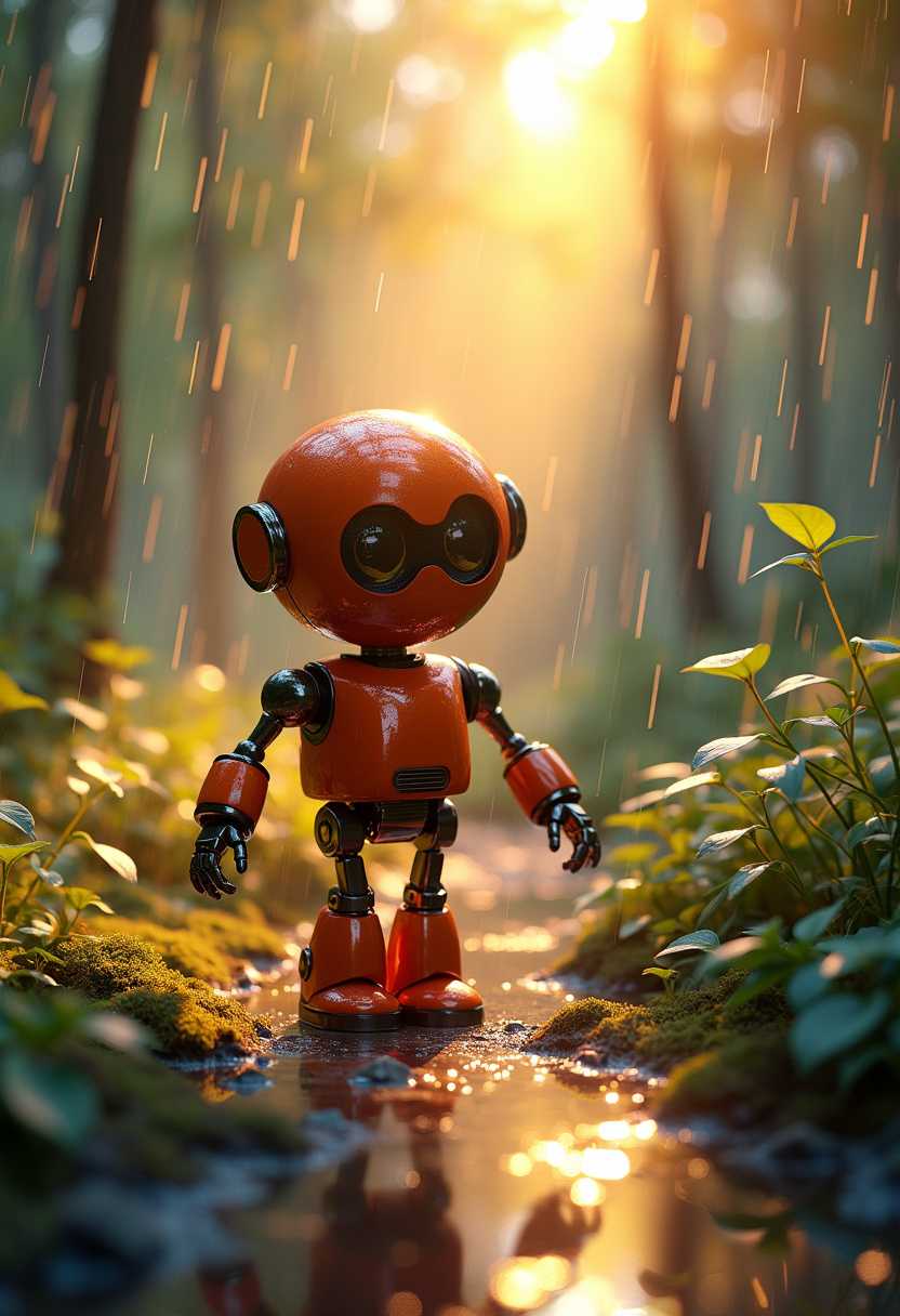 A mesmerizing 3D render of a cheerful, metallic red-orange robot exploring a magical rainy forest during a golden sunset. The robot, with cute round eyes and perfect shapes, exhibits flawless anatomy and intricate details. The enchanting forest is adorned with shimmering foliage and complex textures, reflecting a calming, peaceful atmosphere. Golden rays of sunlight pierce through the rain, casting striking reflections and illuminating the scene with cinematic lighting. This captivating image, captured in 32k resolution, offers ultra-realistic rendering and awe-inspiring details, blending anime, cinematic, and vibrant elements to transport the viewer into a world of bliss and tranquility., illustration, cinematic, photo, anime, vibrant, 3d render, painting