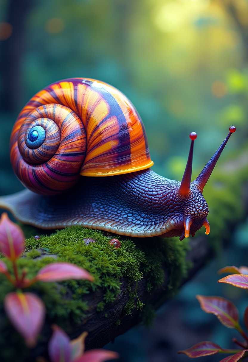 A mesmerizing and dreamy illustration of a vibrant, psychedelic snail crawling across a mossy log. The snail's iridescent shell is a captivating kaleidoscope of swirling colors: orange, purple, and black, with a striking shimmering blue eye. The background is a blur of lush green and yellow, evoking the atmosphere of a mystical forest. The snail's body, a mix of orange, purple, and black, adds to the otherworldly charm of the scene. The leaves surrounding the snail are a mesmerizing blend of green, purple, and yellow, enhancing the sense of wonder and beauty in this surreal, conceptual art piece. The image masterfully combines realism and fantasy, inviting the viewer to lose themselves in the vivid world of this extraordinary snail while showcasing the artistic prowess, conceptual art, illustration, cinematic, photo, graffiti, wildlife photography, painting, vibrant, portrait photography