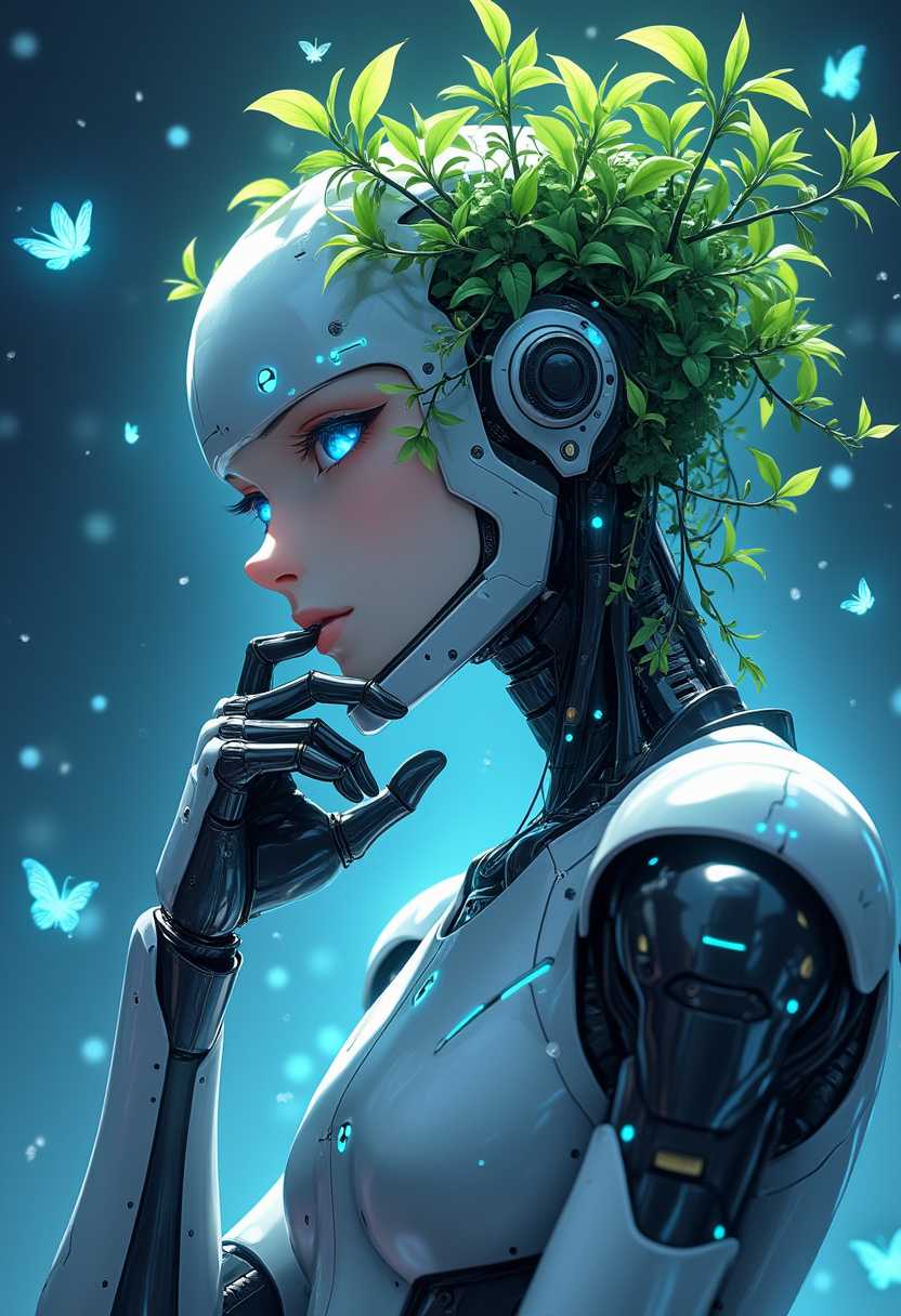 A mesmerizing anime-style illustration of a futuristic robot, captured in a thoughtful front-pose, displaying its advanced cybernetic enhancements and glowing blue lights. Its tilted head and hand supporting its chin signify deep contemplation. The robot's design incorporates green plants and leaves sprouting from its head, creating a harmonious contrast with its high-tech appearance. The deep blue background contrasts with the robot's metallic exterior, fostering a tranquil atmosphere. Glowing particles and butterflies float around, adding to the mystical and peaceful ambiance. This masterful blend of futuristic and natural elements, high contrast, and intricate details results in a visually stunning and thought-provoking illustration, full of vibrant energy and serenity., illustration, vibrant, anime