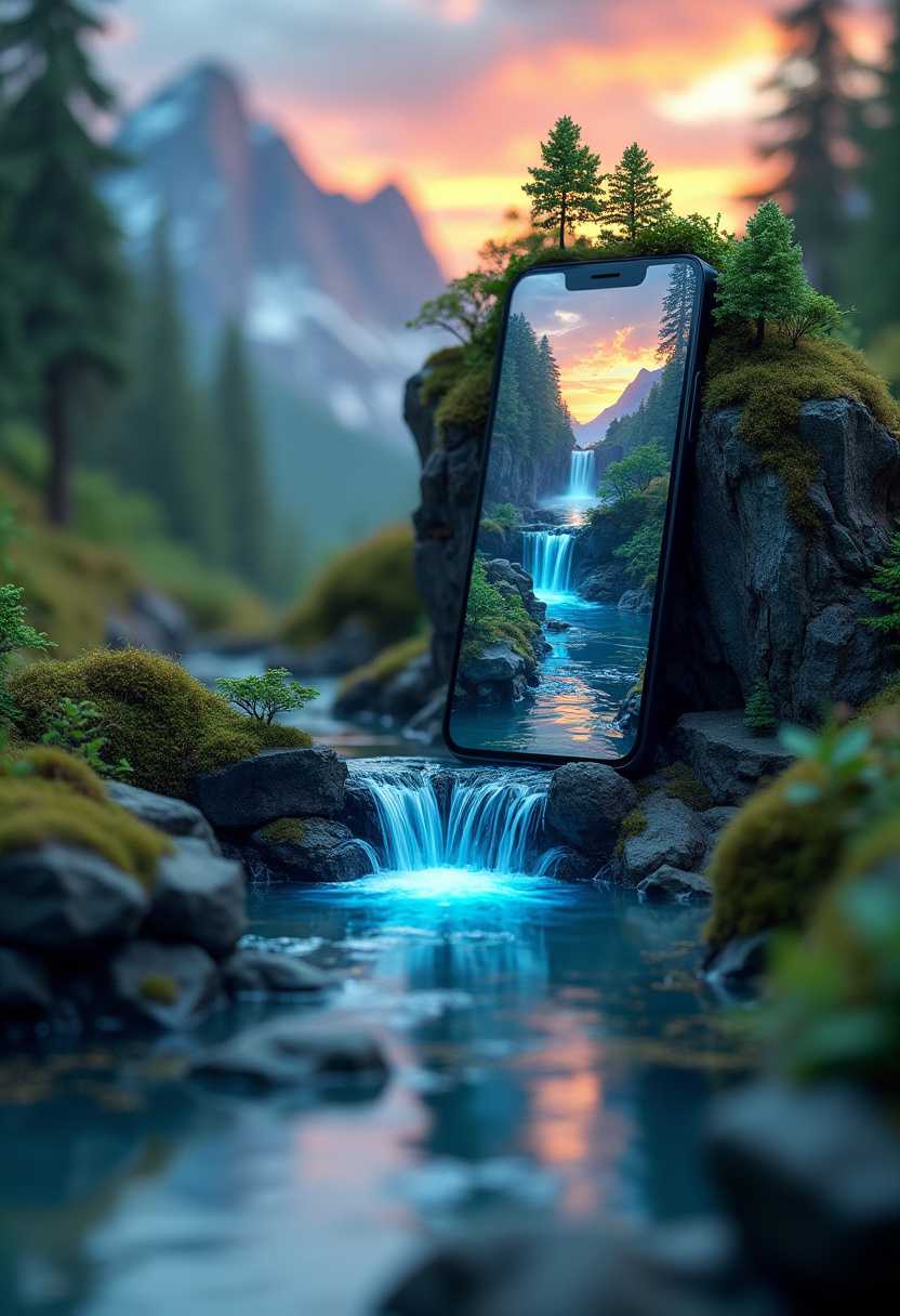 A stunningly designed mobile phone, showcasing an exquisite miniature waterfall scene on its screen. The water appears to originate from within the device, creating a flowing stream that mirrors the intricate details of the surrounding forest, cliffs, and foliage. The water's reflection and refraction are rendered with incredible realism, blending elements of reality and fantasy to create an otherworldly atmosphere. The background of the phone features a serene landscape, with a silhouette of a majestic mountain range and a vibrant sunset.