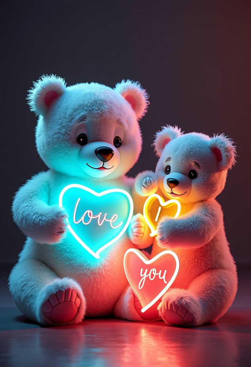 A captivating 3D render illustration showcases a charming trio of cuddly, adorable bears symbolizing love and celebration. The largest bear, adorned in white, holds a radiant blue neon heart inscribed with "I." The medium-sized bear, also dressed in white, tenderly hugs a brilliant yellow neon heart labeled "love." The smallest, endearing bear snuggles into a vibrant pink neon heart marked with "you." The dark background accentuates the soft forms and affectionate expressions of the bears, emanating warmth, affection, and festive energy. The cinematic style and modern design harmoniously unite to create an enchanting artistic masterpiece. This piece combines the talents of portrait photography, illustration, typography, 3D render, cinematic approach, and fashion elements, resulting in a visually stunning and emotionally resonant, portrait photography, typography, illustration, cinematic, 3d render, fashion