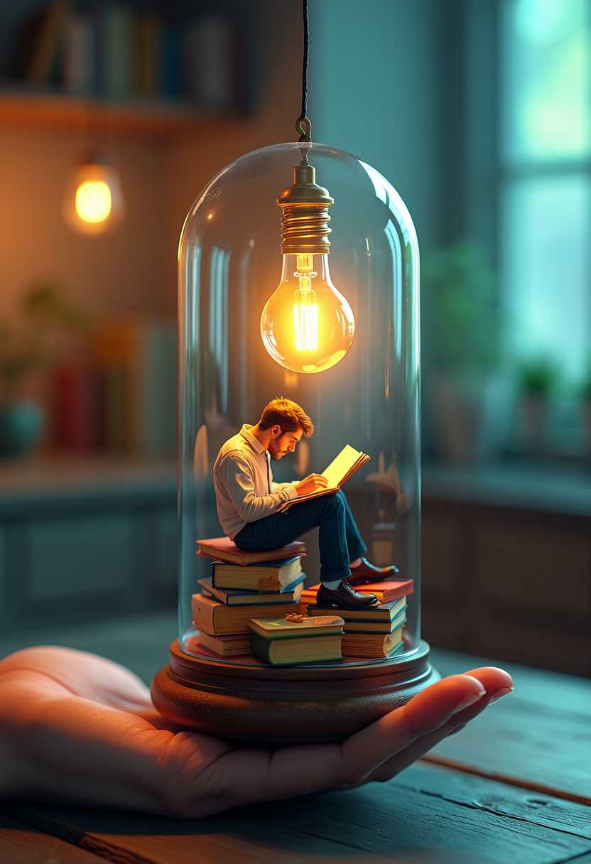 A mesmerizing 3D render showcases a transparent glass tube, delicately held by a hand, containing a captivating miniature diorama. Within the enclosed space, a man is seated on a pile of books, completely engrossed in reading. An antique-style light bulb hangs overhead, casting a warm, golden glow that illuminates the intimate scene. The vibrant colors and intricate details create a surreal and captivating atmosphere, as if the viewer has entered a world within a world., photo, vibrant, 3d render, cinematic