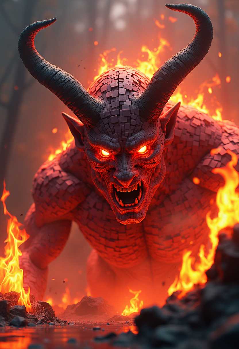 A captivating digital artwork of a demonic figure, meticulously composed of glowing red and orange cubes. The demon's menacing face is prominently displayed, with sharp, horn-like protrusions and piercing, glowing eyes that seem to burn through the surrounding flames. The demon is surrounded by towering infernos that seem to originate from its very core, creating a hellish atmosphere of torment and desolation. The fiery scene is a striking contrast to the demon's chilling demeanor, making for a striking and sinister image.