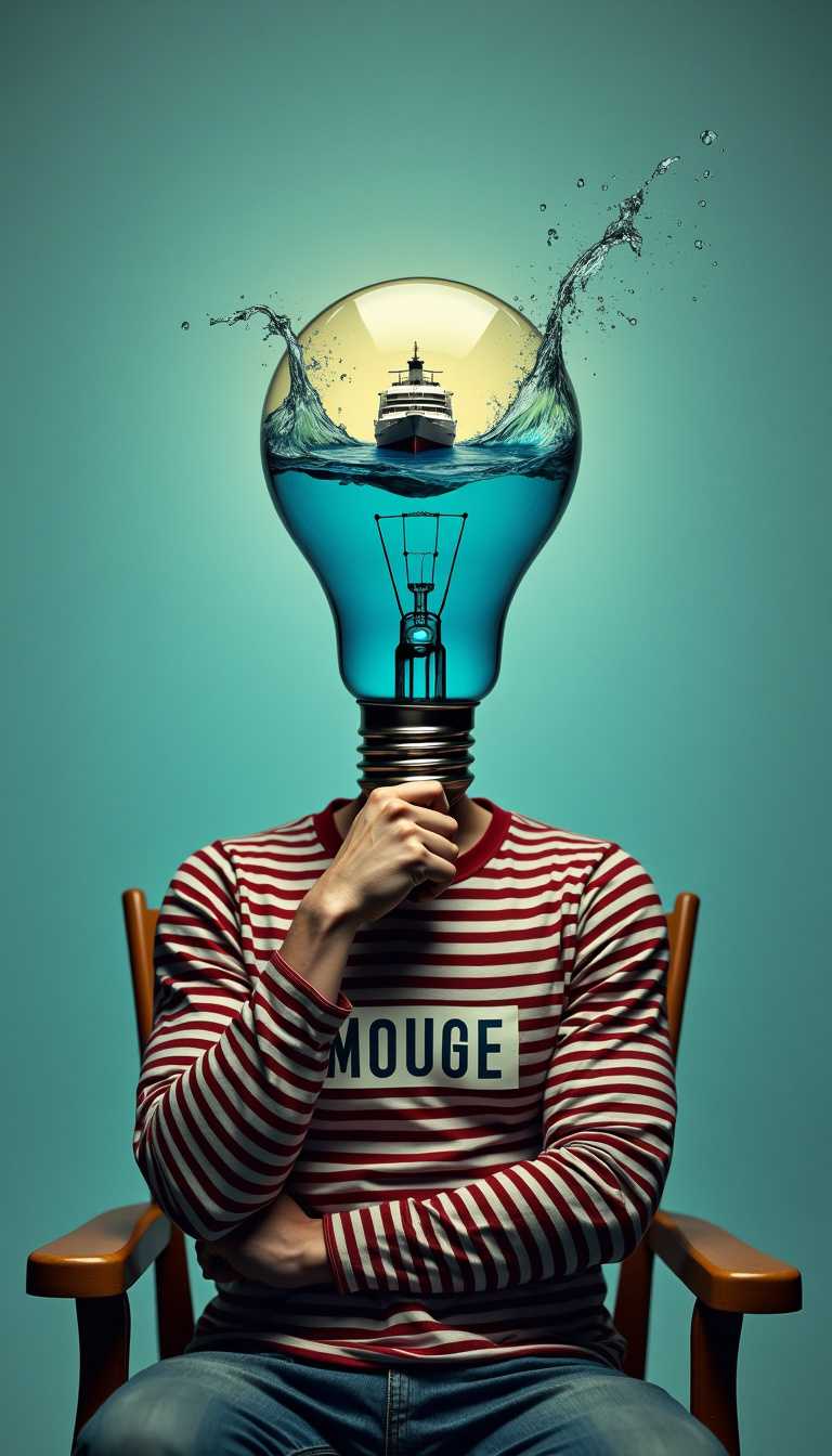 A captivating and surreal photographic manipulation features a person with a transparent light bulb replacing their head. The light bulb is filled halfway with vibrant blue water, revealing a submerged ship within. The individual wears a striped long-sleeve shirt with the words "MOUGE" written across it. Their raised hand is placed on their chin in a contemplative gesture. The striking absence of a head adds an ironic and whimsical touch to the scene. The artwork masterfully merges human form, and cinematic elements, symbolizing a flood of ideas or emotions. The light bulb represents thoughts, the chair a place of rest or contemplation, and the water's splash signifies overflow. This visually striking composition encourages introspection and curiosity, blending various artistic styles to create a thought-provoking and captivating masterpiece., vibrant, illustration, typography, photo, cinematic