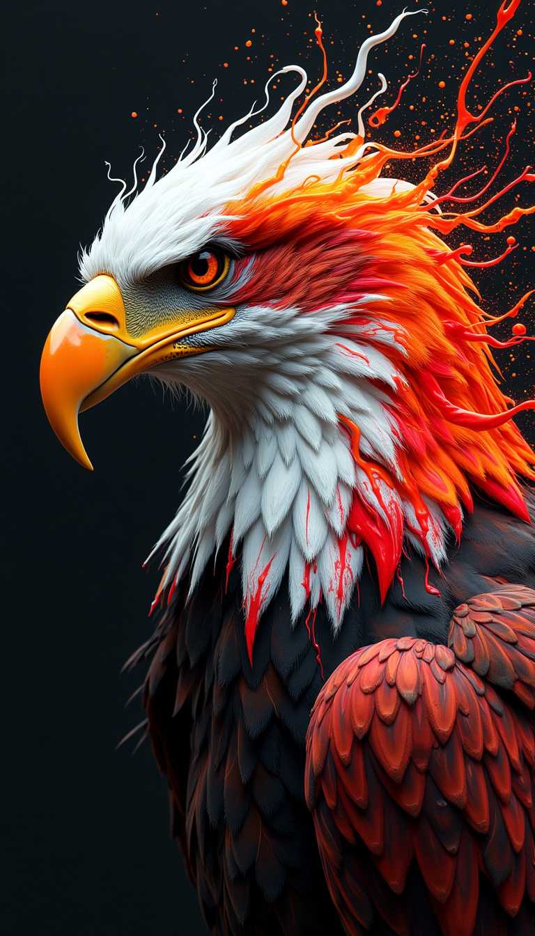 A stunning digital art piece, capturing the essence of a majestic eagle head adorned with swirling patterns of vibrant colors. The eagle's head is painted in a mesmerizing blend of neon red, orange, white, and black, creating an otherworldly and captivating effect. The fluid motions of the paint resemble liquid, as if the eagle's head is made of flowing water. The background is a deep, dark black, which starkly contrasts with the vivid hues of the paint and emphasizes the curvature of the figure. The eagle's feathers seem to twist and move in the wind, further highlighting the fluidity and life of the artwork.