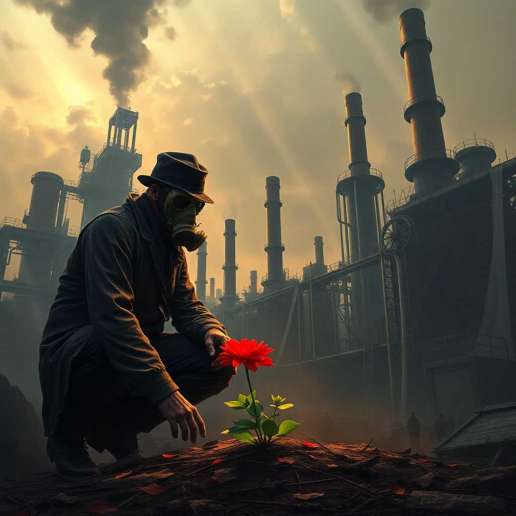 A gritty, atmospheric digital painting of a dystopian steampunk cityscape. In the foreground, a lone man in tattered Victorian-era clothing kneels, carefully planting a vibrant red flower in a small patch of dirt. The man's face is partially obscured by a brass and leather gas mask.
The background features towering, rusted metal structures, smoke-belching chimneys, and a network of pipes and gears. The sky is a hazy mix of dark greys and sepia tones, with hints of toxic green. Shafts of dim, golden light filter through the smog, dramatically illuminating the man and the flower.
The composition should be from a low angle, emphasizing the contrast between the small, colorful flower and the vast, oppressive industrial landscape. The art style should blend realistic textures with exaggerated steampunk elements, creating a sense of gritty realism with a touch of the fantastic.
Include details like steam vents, cogs, and clockwork mechanisms integrated into the architecture. In the mid-ground, add silhouettes of hunched workers or automated machines to enhance the dystopian atmosphere.