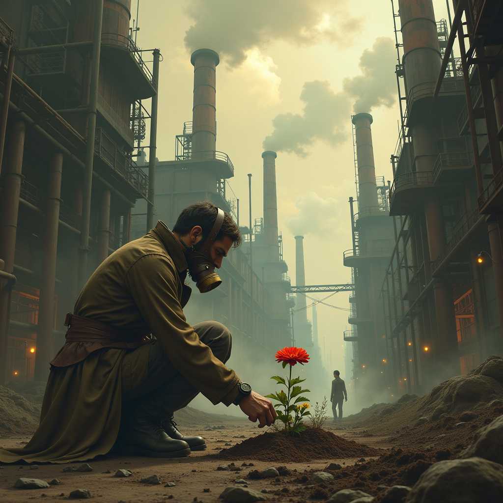 A gritty, atmospheric digital painting of a dystopian steampunk cityscape. In the foreground, a lone man in tattered Victorian-era clothing kneels, carefully planting a vibrant red flower in a small patch of dirt. The man's face is partially obscured by a brass and leather gas mask.
The background features towering, rusted metal structures, smoke-belching chimneys, and a network of pipes and gears. The sky is a hazy mix of dark greys and sepia tones, with hints of toxic green. Shafts of dim, golden light filter through the smog, dramatically illuminating the man and the flower.
The composition should be from a low angle, emphasizing the contrast between the small, colorful flower and the vast, oppressive industrial landscape. The art style should blend realistic textures with exaggerated steampunk elements, creating a sense of gritty realism with a touch of the fantastic.
Include details like steam vents, cogs, and clockwork mechanisms integrated into the architecture. In the mid-ground, add silhouettes of hunched workers or automated machines to enhance the dystopian atmosphere.