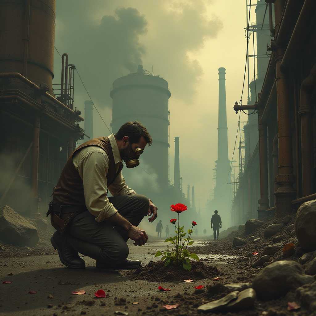A gritty, atmospheric digital painting of a dystopian steampunk cityscape. In the foreground, a lone man in tattered Victorian-era clothing kneels, carefully planting a vibrant red flower in a small patch of dirt. The man's face is partially obscured by a brass and leather gas mask.
The background features towering, rusted metal structures, smoke-belching chimneys, and a network of pipes and gears. The sky is a hazy mix of dark greys and sepia tones, with hints of toxic green. Shafts of dim, golden light filter through the smog, dramatically illuminating the man and the flower.
The composition should be from a low angle, emphasizing the contrast between the small, colorful flower and the vast, oppressive industrial landscape. The art style should blend realistic textures with exaggerated steampunk elements, creating a sense of gritty realism with a touch of the fantastic.
Include details like steam vents, cogs, and clockwork mechanisms integrated into the architecture. In the mid-ground, add silhouettes of hunched workers or automated machines to enhance the dystopian atmosphere.