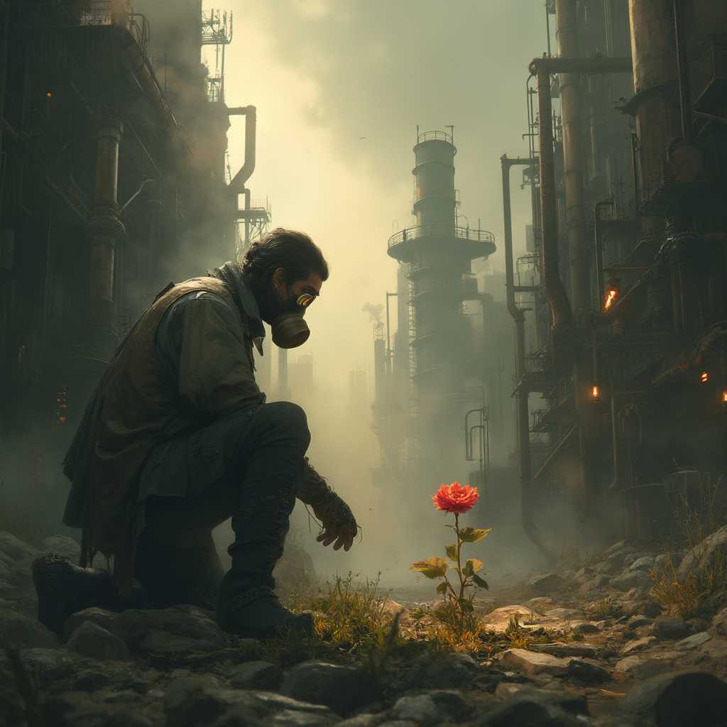 A gritty, atmospheric digital painting of a dystopian steampunk cityscape. In the foreground, a lone man in tattered Victorian-era clothing kneels, carefully planting a vibrant red flower in a small patch of dirt. The man's face is partially obscured by a brass and leather gas mask.
The background features towering, rusted metal structures, smoke-belching chimneys, and a network of pipes and gears. The sky is a hazy mix of dark greys and sepia tones, with hints of toxic green. Shafts of dim, golden light filter through the smog, dramatically illuminating the man and the flower.
The composition should be from a low angle, emphasizing the contrast between the small, colorful flower and the vast, oppressive industrial landscape. The art style should blend realistic textures with exaggerated steampunk elements, creating a sense of gritty realism with a touch of the fantastic.
Include details like steam vents, cogs, and clockwork mechanisms integrated into the architecture. In the mid-ground, add silhouettes of hunched workers or automated machines to enhance the dystopian atmosphere.