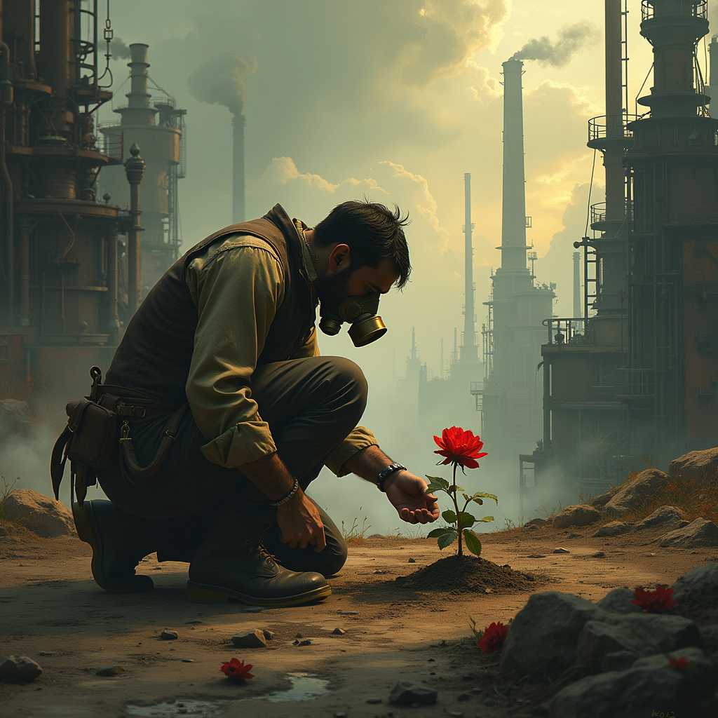 A gritty, atmospheric digital painting of a dystopian steampunk cityscape. In the foreground, a lone man in tattered Victorian-era clothing kneels, carefully planting a vibrant red flower in a small patch of dirt. The man's face is partially obscured by a brass and leather gas mask.
The background features towering, rusted metal structures, smoke-belching chimneys, and a network of pipes and gears. The sky is a hazy mix of dark greys and sepia tones, with hints of toxic green. Shafts of dim, golden light filter through the smog, dramatically illuminating the man and the flower.
The composition should be from a low angle, emphasizing the contrast between the small, colorful flower and the vast, oppressive industrial landscape. The art style should blend realistic textures with exaggerated steampunk elements, creating a sense of gritty realism with a touch of the fantastic.
Include details like steam vents, cogs, and clockwork mechanisms integrated into the architecture. In the mid-ground, add silhouettes of hunched workers or automated machines to enhance the dystopian atmosphere.