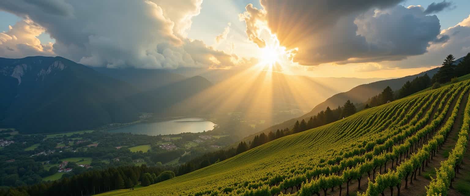 When sunshine passes through clouds with a mesmerizing effect, generate. A unique photo with a mountain and lakes with a vineyard on the hillside, sunny, vibrant colors, godly.. show the rays of light