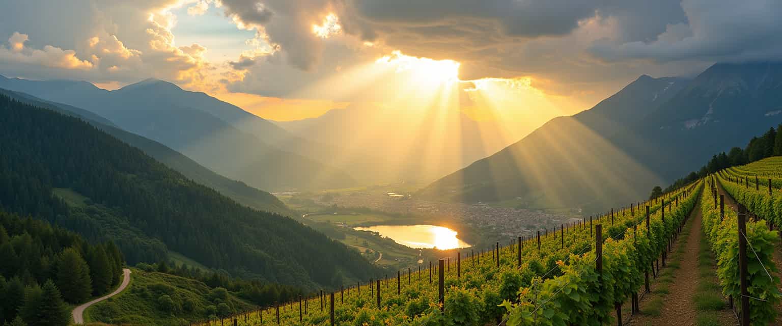 When sunshine passes through clouds with a mesmerizing effect, generate. A unique photo with a mountain and lakes with a vineyard on the hillside, very sunny, bright vibrant colors, godly.. show the rays of light