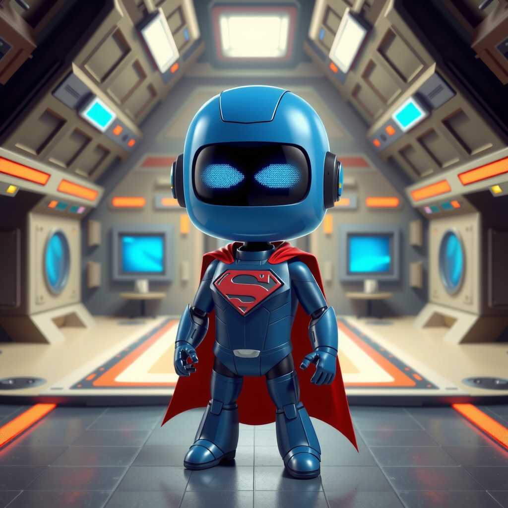 The image is a digital CGI illustration featuring a stylized, anthropomorphic robot standing in an A secret base. The robot, resembling SUPERMAN, has a sleek, rounded body with a blue glossy head featuring glowing blue eyes and a small, pixelated display screen. The robot is dressed like SUPERMAN .