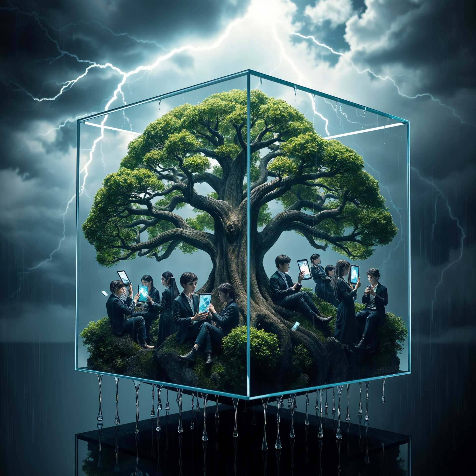 **Prompt:** A mesmerizing close-up of a transparent glass cube, intricately detailed, with an ancient, majestic tree growing within its confines. The tree's sprawling branches and lush foliage create a stunning focal point, symbolizing timeless wisdom. Encasing the tree, the surface of the glass cube is densely populated with a multitude of miniature people, their forms elegantly sculpted, each absorbed in their large, luminescent smartphones. Despite the digital chaos, they remain oblivious to the natural wonder beneath them. A gentle rain falls, casting a serene, ethereal mood over the scene. Water droplets cascade delicately down the cube's surface, catching and refracting light, creating a dynamic interplay of reflections and refractions. The ambient lighting captures the overcast sky, highlighting the contrast between nature and technology. The composition is centered and symmetrical, emphasizing the weight of both the environmental and human elements. The style merges hyperrealism with a touch of surrealistic fantasy, capturing the viewer's imagination and blurring the lines between reality and illusion.