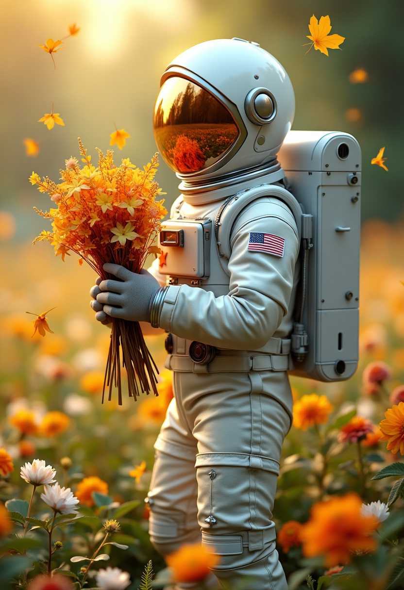 A 3D image of a charming astronaut diligently collecting dry leaves in a bouquet in a beautiful garden with bright flowers and lush greenery. The cosmonaut's helmet reflects the garden, his glossy white suit is trimmed with silver, and he holds a bouquet of leaves in his hands. The garden is surrounded by bright flowers and lush greenery, and warm golden sunlight floods everything around, emphasizing the gentle efforts of the cosmonaut.
