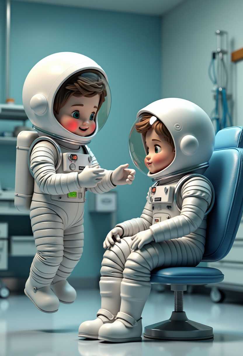 A 3D render of a delightful and charming illustration depicting an astronaut with a friendly little man's image treating his cosmonaut friend at a clinic. The astronaut, with a smooth white body and a soft, radiant aura, is floating above the ground. He is wearing a spacesuit adorned with modern equipment. The cosmonaut's costume is decorated with silver stripes. The background reveals a clinic setting with various medical equipment.