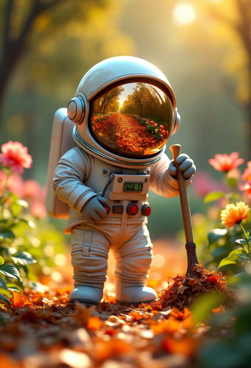 A 3D render of a charming astronaut diligently raking dry leaves in a beautiful garden. The cosmonaut's helmet reflects the garden's vibrant flowers and lush greenery. He holds a rake with his hands. The garden is surrounded by bright flowers and lush greenery, and warm golden sunlight floods everything around, emphasizing the gentle efforts of the cosmonaut.