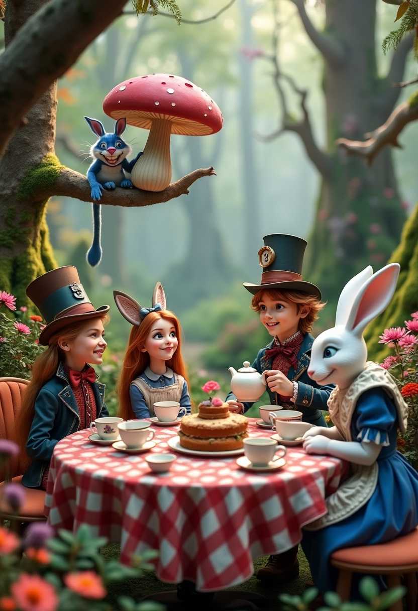 A whimsical cinematic photo of a tea party in Wonderland, featuring best friends Alice, Mad Hatter, White Rabbit, and a Cheshire Cat. Alice and the Mad Hatter are seated at a table adorned with a checkered tablecloth, cups that change shape, and a cake that looks like a giant mushroom. The White Rabbit is pouring tea from an oddly-shaped teapot, while the Cheshire Cat is perched on a tree branch, smiling with a mischievous grin. The background is a dreamy, surreal forest with colorful flowers and strange, towering trees., photo, cinematic