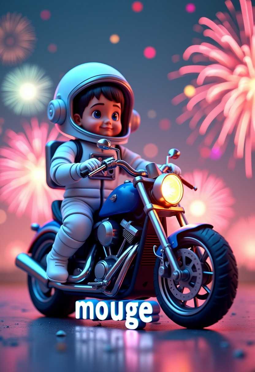 A 3D image of a small cosmonaut with a friendly little man sitting on a bright blue-crimson big bike motorcycle. The cosmonaut is wearing a white astronaut suit with silver inserts. The background contains a mesmerizing silver sky with colorful fireworks. There is a bright sign with the inscription "mouge" in diamond letters on the floor under the motorcycle.