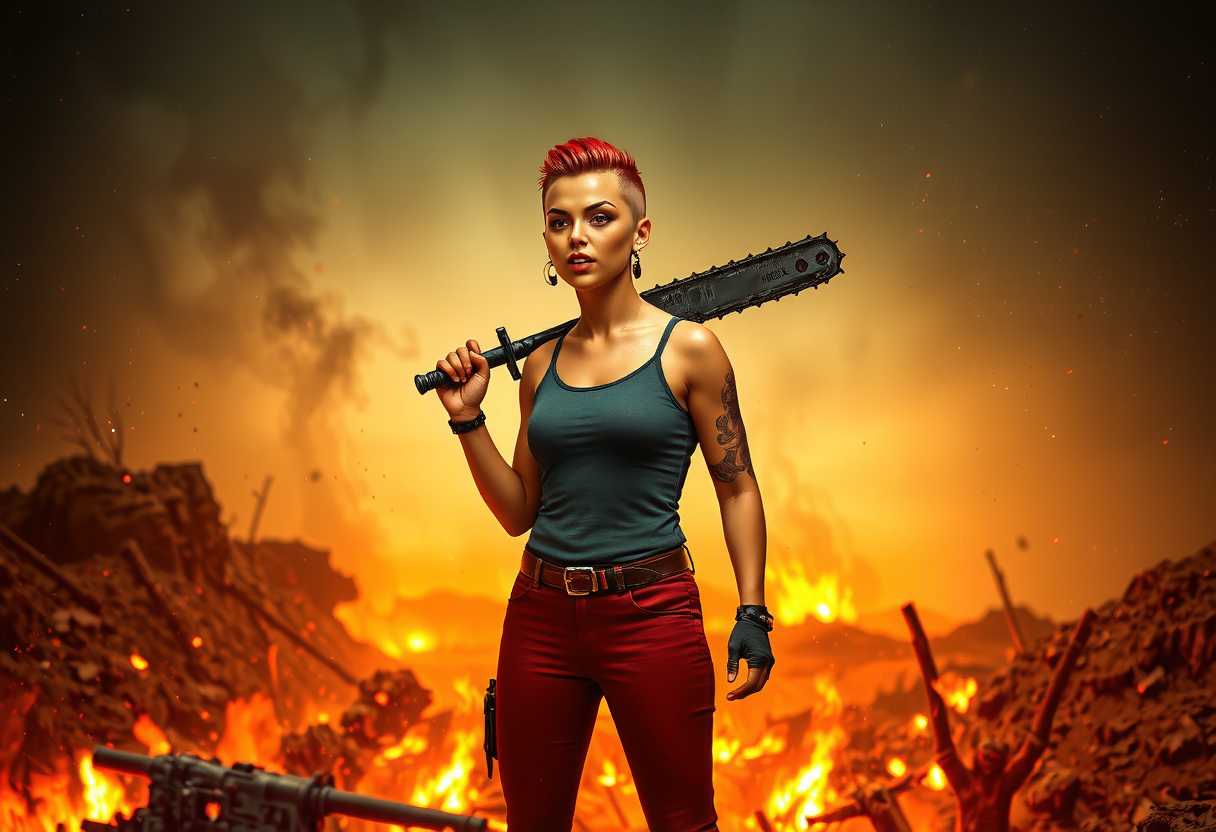 a photo of RXN woman, Photo of a resilient and battle-hardened RXN woman, the embodiment of strength and determination. She stands defiantly with a formidable chainsaw sword slung over her shoulder, flames flickering and casting a warm, ominous glow around her. Her fiery red mohawk fiercely pierces the smoky air, contrasting against the dark, ashen backdrop. The scene is set on a rugged hilltop where the remnants of a hard-fought battle lie below, bodies strewn across the scorched earth. She is captured in a dynamic, upward-looking perspective, powerfully framed as she screams into the sky, exuding raw emotion. The mood conveys both triumph and the haunting weight of battle. The atmosphere is thick with smoke and heat, as swirling embers add texture and depth. The lighting is dramatic, highlighting her muscular build and the gritty detail of her battle-worn attire and weaponry. The overall composition portrays a sense of victory against overwhelming odds, embodying the energy of a post-apocalyptic struggle in a vivid, cinematic style.