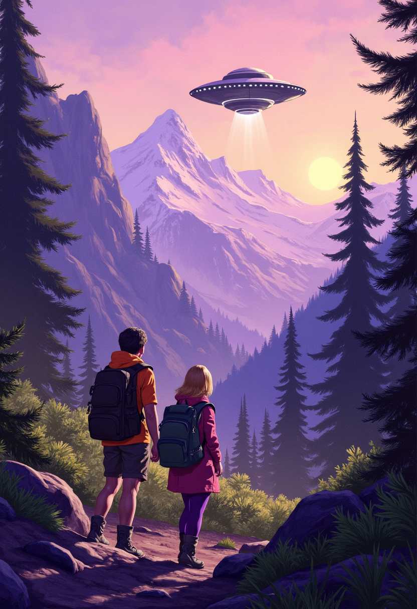 Title: Hiking Encounter with a UFO

Prompt: An adventurous couple hiking in the majestic, rugged mountains during early dusk, bathed in the soft, waning light of a setting sun. The couple, donned in vibrant outdoor gear with backpacks, stands on a rocky path surrounded by towering pine trees and distant snow-capped peaks. In the foreground, their expressions range from awe to disbelief as they gaze ahead at a UFO descending into a sunlit clearing. The UFO, metallic and sleek with soft, pulsating lights, casts a gentle glow on the surrounding flora. The atmospheric palette consists of lavender skies transitioning to deep purples, enhancing the mystical mood. The scene is captured in high-resolution, reminiscent of a digitally enhanced nature photograph, with impeccable attention to the contrasting textures of the rocky terrain, the delicate leaves, and the smooth, reflective surface of the UFO. The composition uses a wide-angle lens to encompass the sweeping natural landscape while maintaining focus on the couple and the intriguing extraterrestrial craft, creating a sense of both enormity and intimacy.
