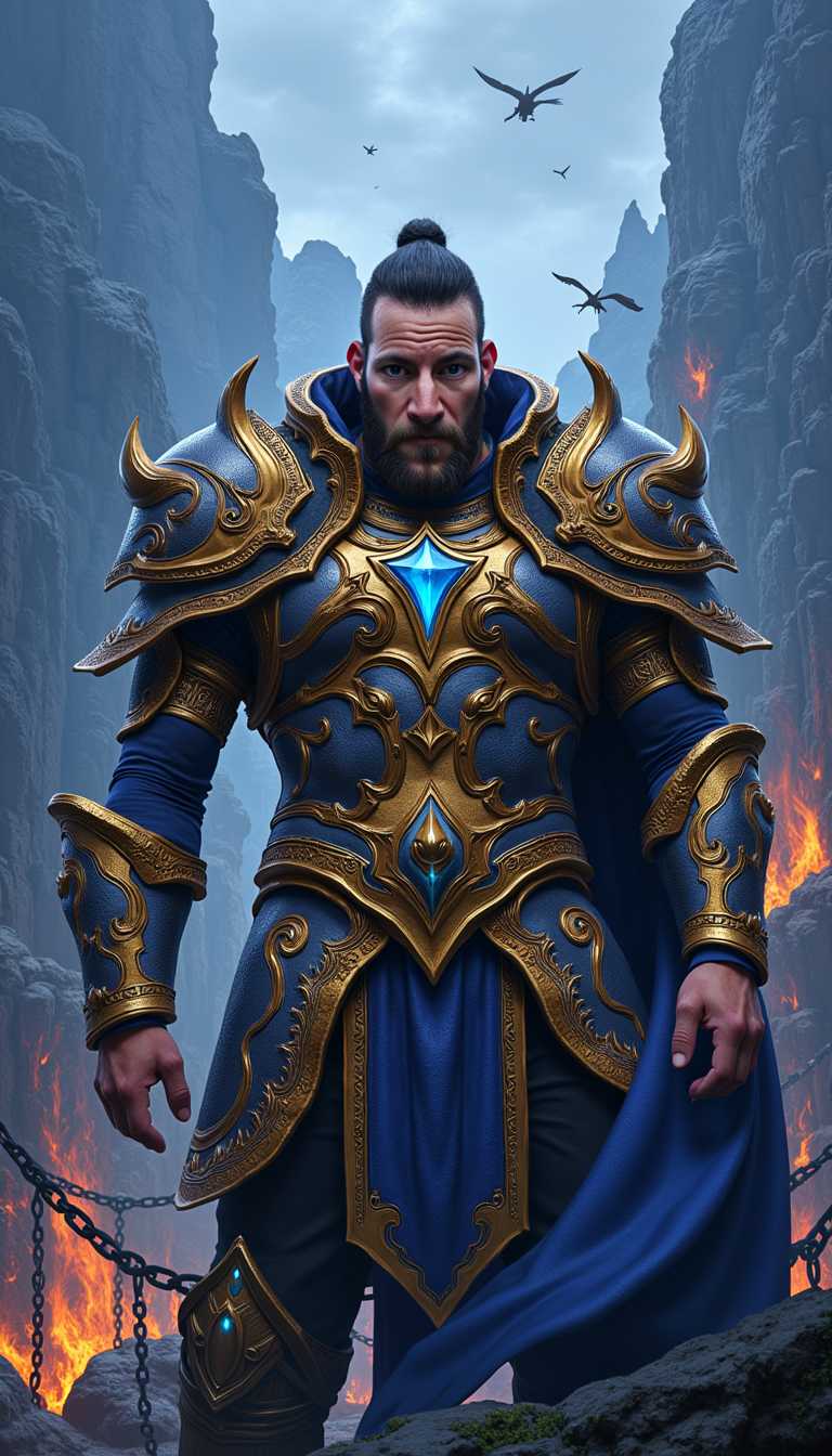  a photo of ivandos, Create a fantasy warrior scene with a majestic Ivandos with beard and glasses, figure at the forefront, clad in ornate, glowing armor with blue energy accents. The art style in this image is fantasy with strong influences from video game World of Warcraft and comic book art. Here are the key elements that contribute to this style. Character Design The characters are stylized with exaggerated features and muscular builds, common in actionoriented fantasy media. The armor and weapons are highly detailed and ornate, with glowing accents that suggest magical properties, reminiscent of armor seen in games like World of Warcraft .The use of cool blues and grays, along with warm golds and reds, creates a dramatic and moody atmosphere. This contrasts with the bright, vivid colors often found in traditional fantasy art. The lighting is dramatic, with a strong emphasis on the front of the characters and a dark, foreboding background. This technique is commonly used to highlight the main subjects and create a sense of depth. The characters are placed in a dynamic composition that suggests movement and readiness for battle, with the central figure prominently positioned and the others slightly receding into the background.6. Background Elements The misty, mountainous landscape with chained gates and flying creatures adds to the fantasy setting, reminiscent of the expansive and often dangerous worlds found in fantasy games and novels.7. Artistic Techniques The use of textures, such as the roughness of the armor and the smoothness of the skin, along with the blending of colors and lighting, gives the image a threedimensional quality.In summary, the image draws heavily from the visual language of fantasy video games and comics, with a focus on detailed character design, dramatic lighting, and a moody, atmospheric setting.