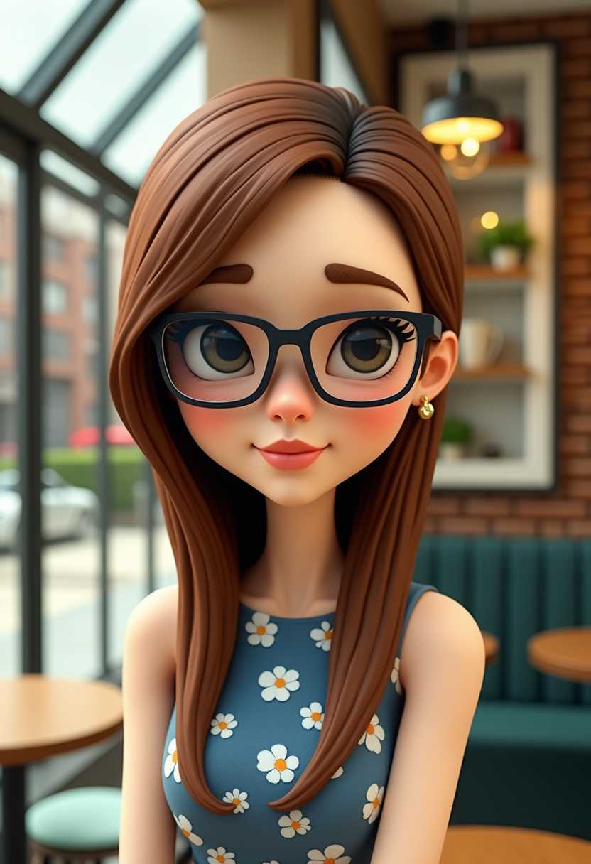 This image is a closeup portrait of a 3d cartoon girl wearing a sleeveless top with a blue and white floral pattern. The person has long, straight, chestnut brown hair that falls evenly down the shoulders. They are wearing a pair of rectangular glasses with a dark frame and a lighter inner rim, which gives a modern and professional look.The background is a cozy coffee shop