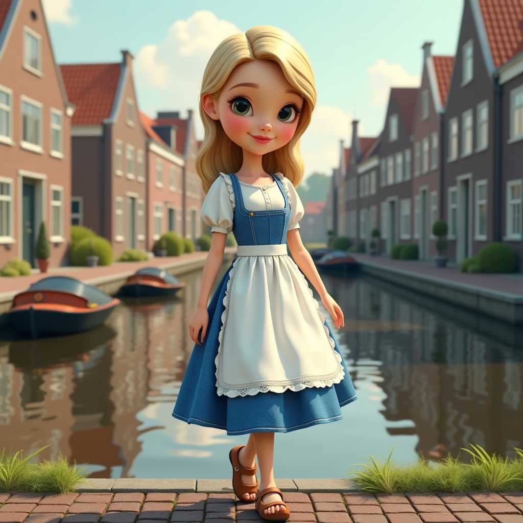 extreme caricature 3D HD cartoon-style realistic.  Modern Dutch blond girl in traditional costume: blue dress and white apron, typical white Hollandaise hairstyle, wooden clogs on feet walks along a canal along a street with typical houses