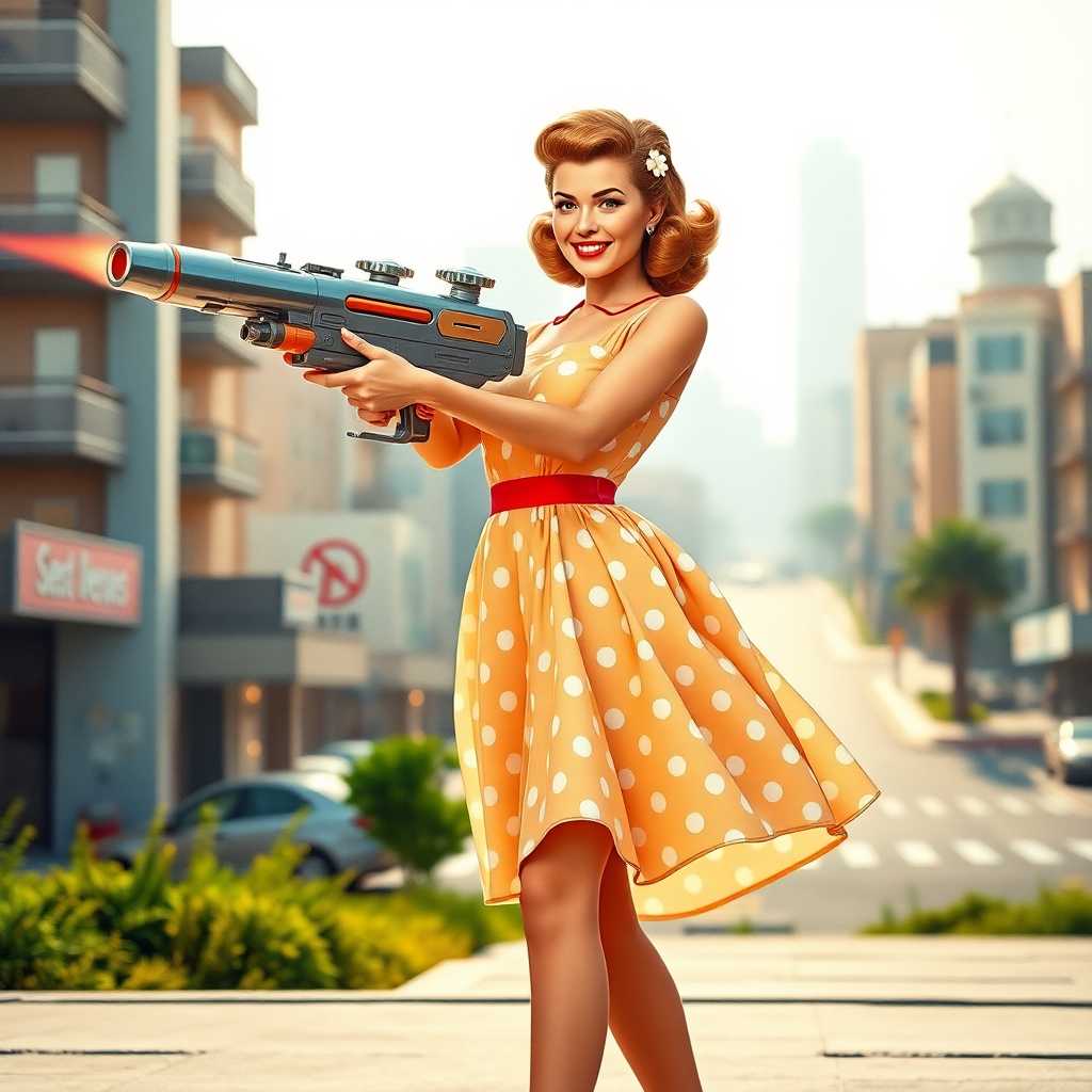 Retrostyled woman in a polka dot dress aiming a futuristic ray gun on a city sidewalk