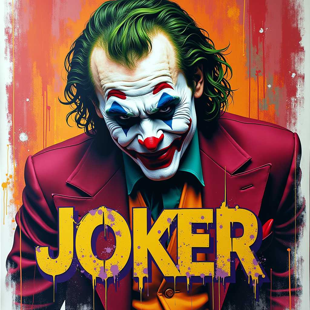 Poster, grafitti masterpiece of The Joker, over bold wildstyle graffiti lettering. Title correctly spelled 'JOKER'