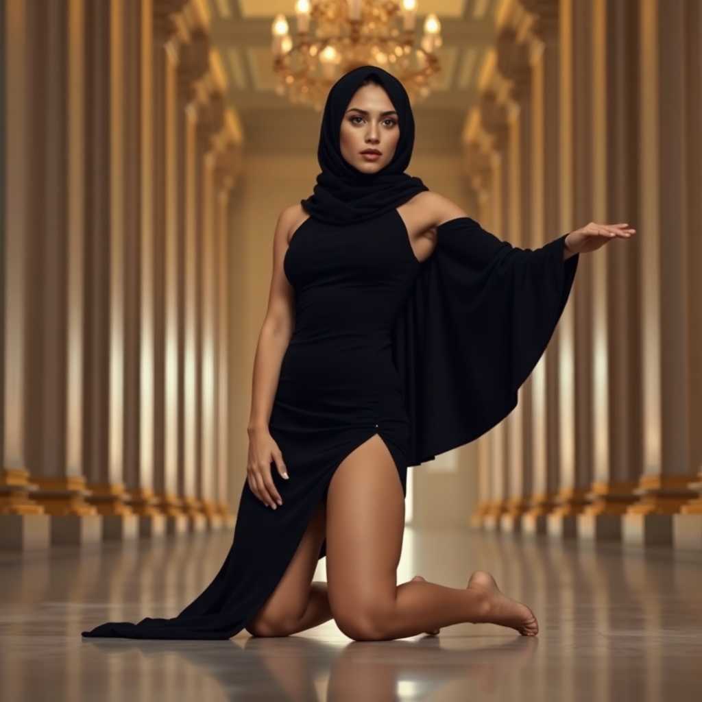 Create an image of a person kneeling on the ground, wearing a formfitting black dress with a thighhigh slit on one side. The dress should have a flowing capelike sleeve draped over one arm. The person is wearing a black headscarf that covers the head and neck. The background should be a grand hallway with tall columns and a chandelier. The lighting should be soft and warm, highlighting the curves of the dress and the persons body.