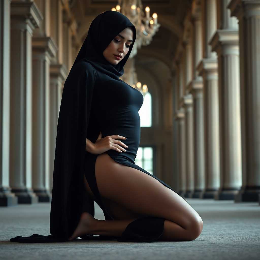 Create an image of a person kneeling on the ground, wearing a formfitting black dress with a thighhigh slit on one side. The dress should have a flowing capelike sleeve draped over one arm. The person is wearing a black headscarf that covers the hair. The background should be a grand hallway with tall columns and a chandelier. The lighting should be soft and warm, highlighting the curves of the dress and the persons body.