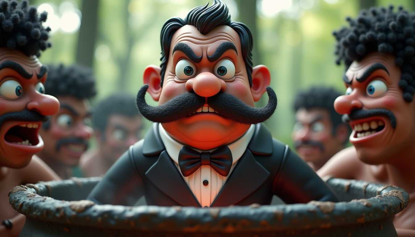 3d cartoon victorian gent, large angry eyes, handlebar moustache, being boiled in a pot by hungry dark-skinned cannibals