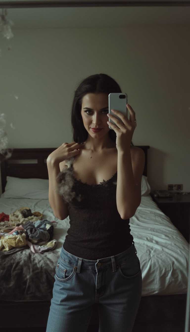 a photo of Katy, Phone photo: A woman stands in front of a mirror, capturing a selfie. The image quality is grainy, with a slight blur softening the details. The lighting is dim, casting shadows that obscure her features. The room is cluttered, with clothes strewn across the bed and an unmade blanket. Her expression is casual, full of concentration, while the old iPhone struggles to focus, giving the photo an authentic, unpolished feel. The mirror shows smudges and fingerprints, adding to the raw, everyday atmosphere of the scene.