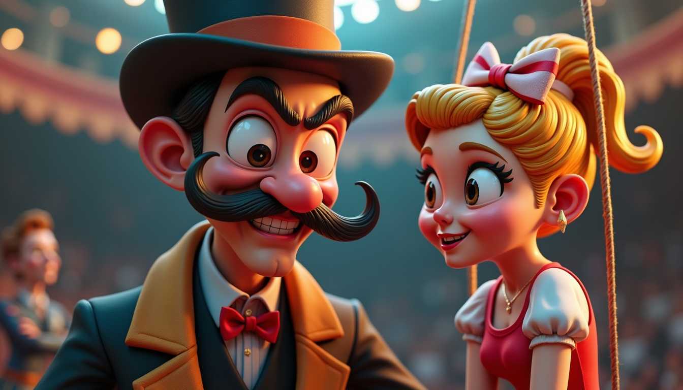 3d cartoon victorian gent, large angry eyes, handlebar moustache, circus ringmaster with young lady trapeze artist