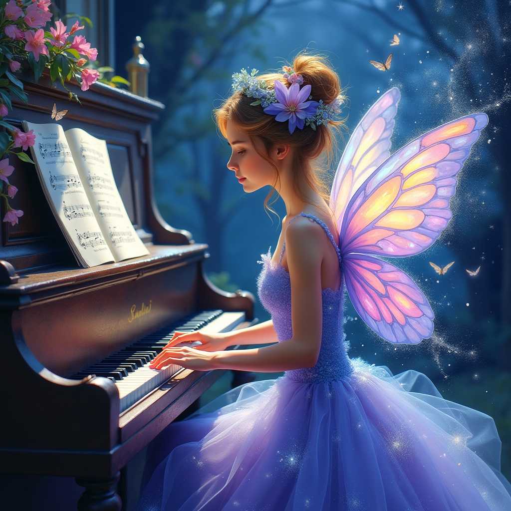 A captivating artwork that seamlessly blends the best techniques of acrylic painting, alcohol ink, watercolor, and colored pencil. The focal point is a stunning fairy, adorned in enchanting shades of baby blue, purple, and rose. She sits gracefully in front of a somber piano, her delicate fingers dancing over the keys as she plays a haunting melody. As the music flows, she begins to fade away like magic, dissolving into a cloud of shimmering fairy dust. A soft smile graces her lips, reflecting a sense of peace and tranquility. The scene is set in a dimly lit room that enhances the ethereal atmosphere, while her iridescent wings glisten with opalescent hues, capturing the light in hyper-detailed brilliance. This artwork should evoke a sense of wonder and nostalgia, inviting viewers into a world where magic and music intertwine.
