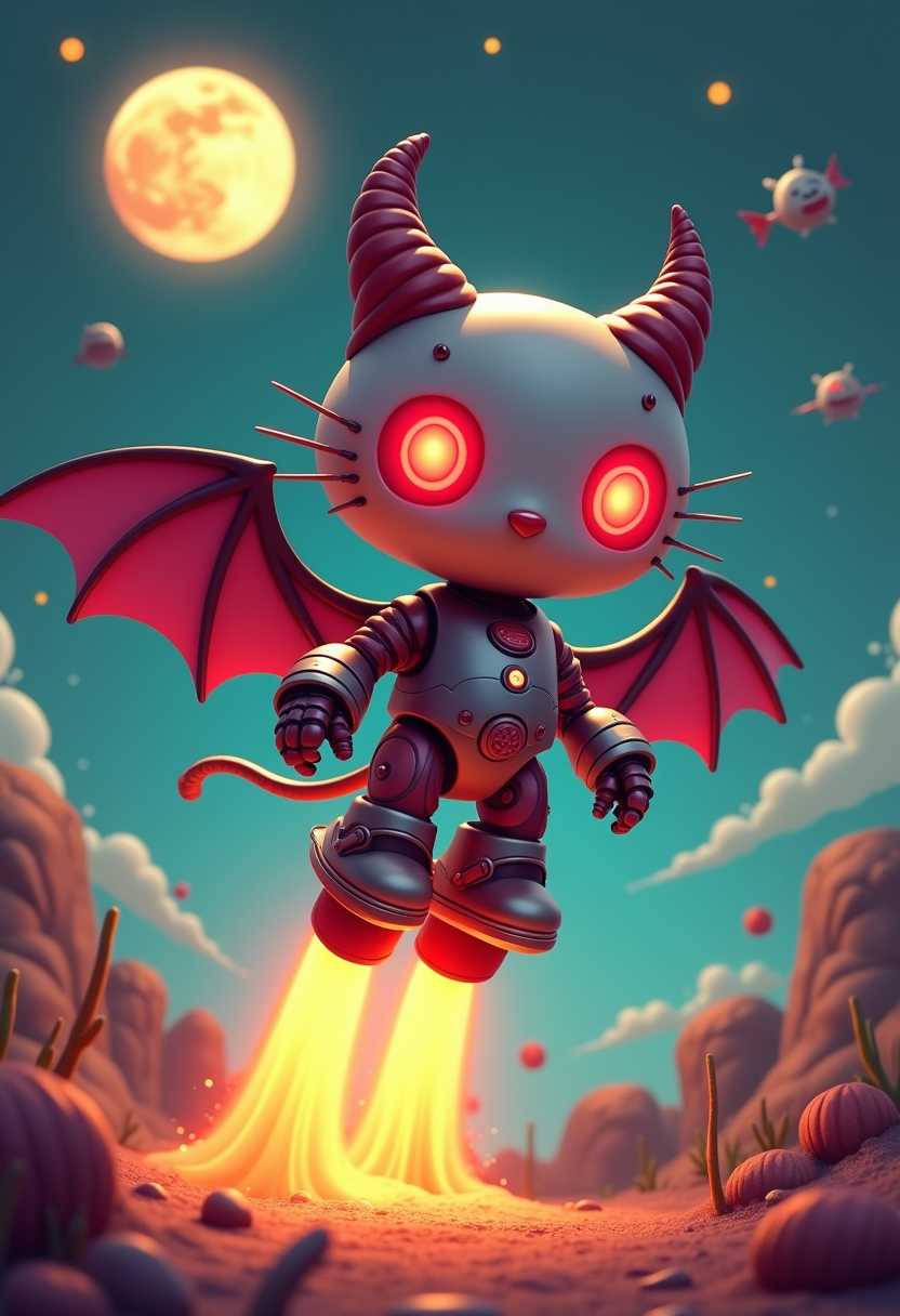 retro 3d cartoon halloween illustration of strange encounters with a robot hello kitty that has glowing red eyes, horns and bat wings, jet-pack hover boots blasting off into outer space  