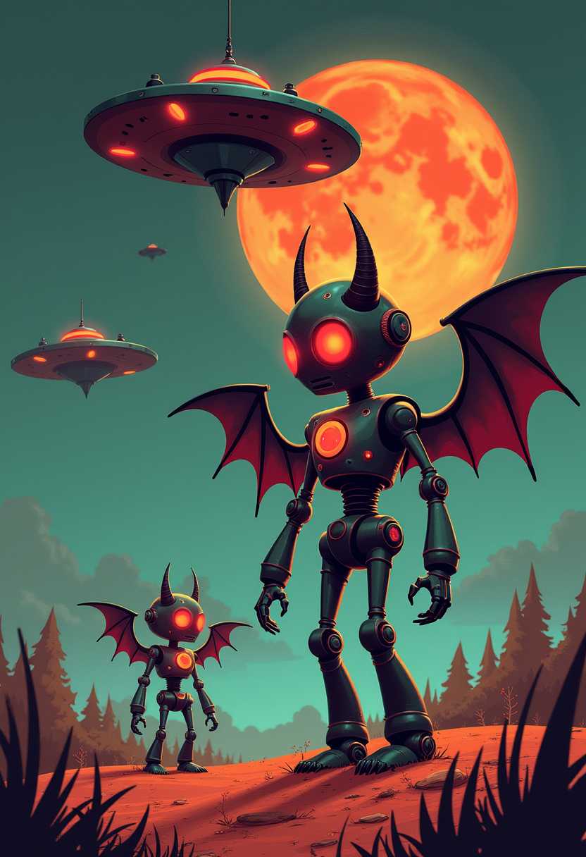 retro halloween illustration of strange encounters with flying saucers and retro robots that have glowing red eyes, horns and bat wings