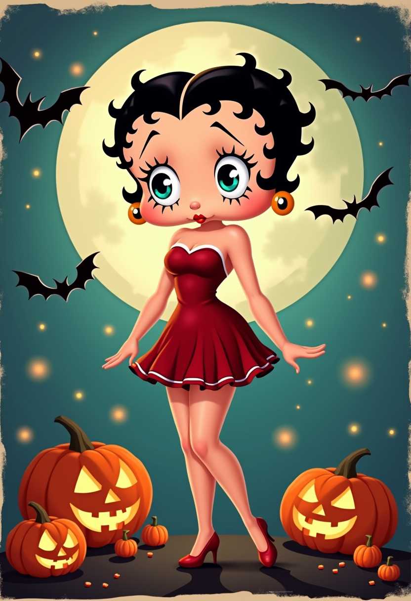 retro halloween illustration of a 3d cartoon betty boop